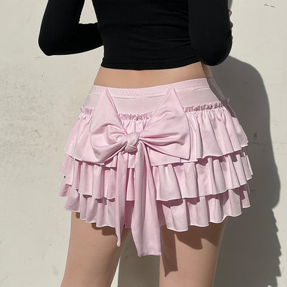 Soft Girl Coquette Pastel Pink Lace Ruffled Bow Short Skirt