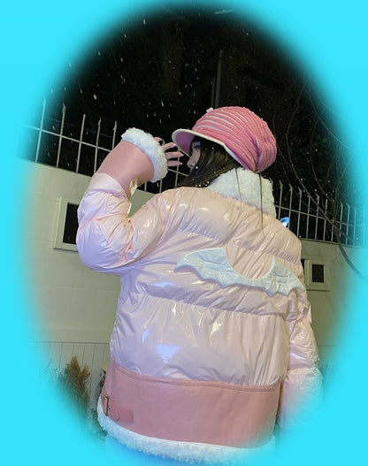 Y2K White Plush Devil Wings Pink Winter Jacket