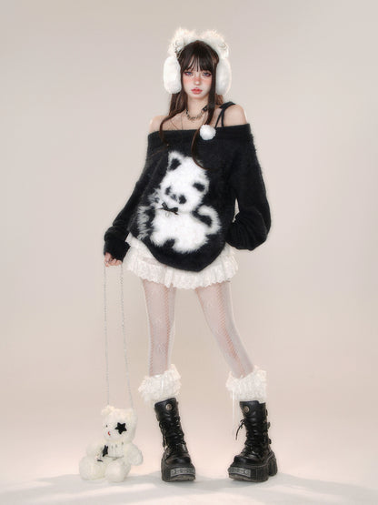 Young Eyes Milky Cat Black Cream Off Shoulder Fuzzy Sweater