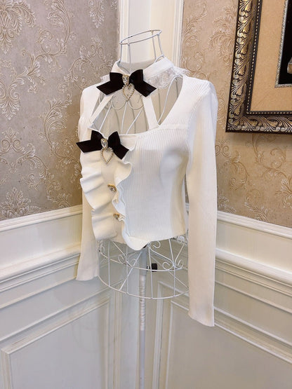 Sweetheart Princess Elegant Bow Black & White Long Sleeve Halter Neck Knit Sweater Top