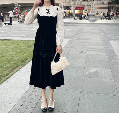 Ruellia Autumn Elegant Lady Lace Black Velvet Long Dress