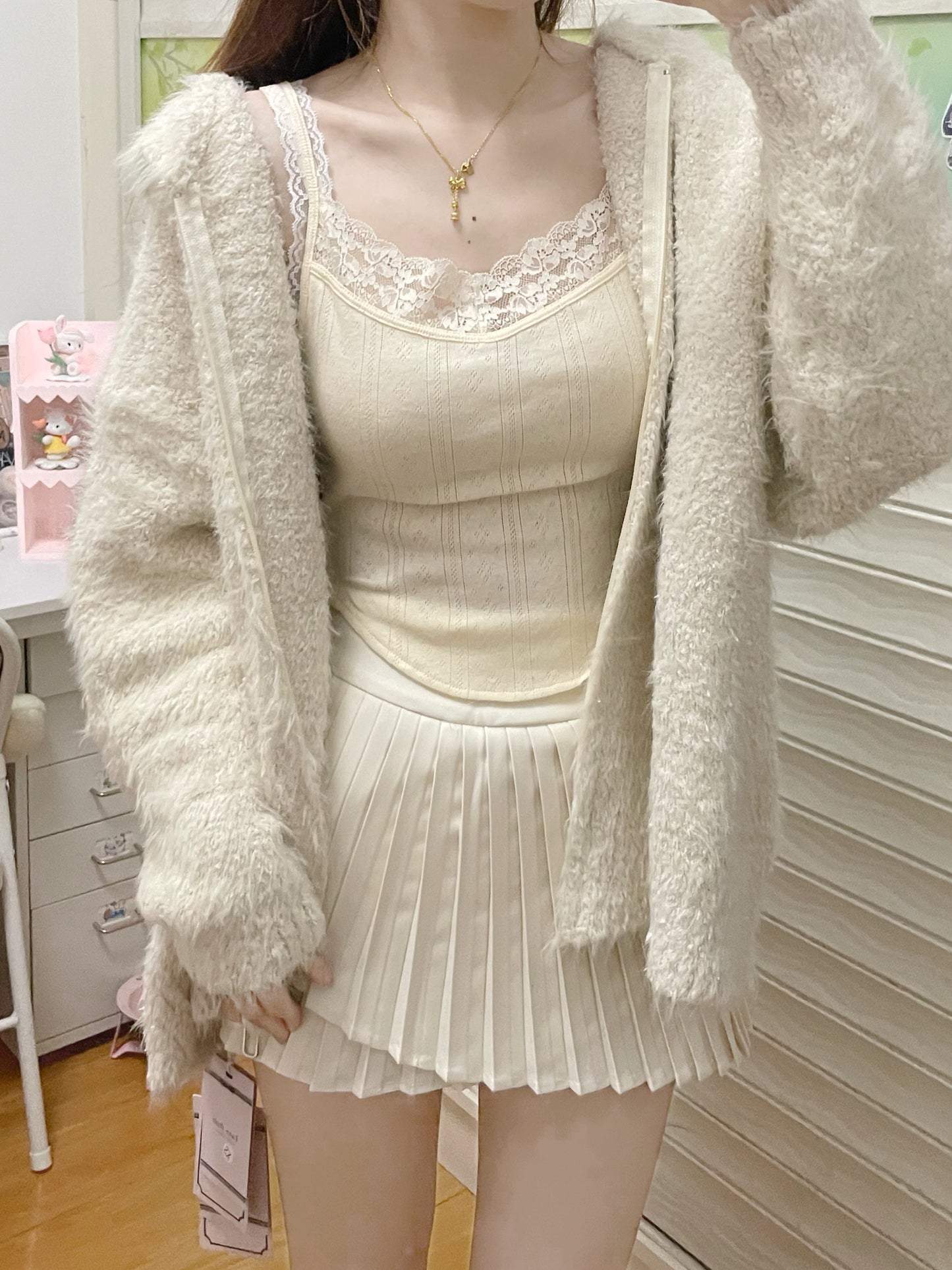 Lazy Girl Milky White Winter Camisole & Pleated Skirt & Zip Up Hooded Sweater Jacket Three Piece Set