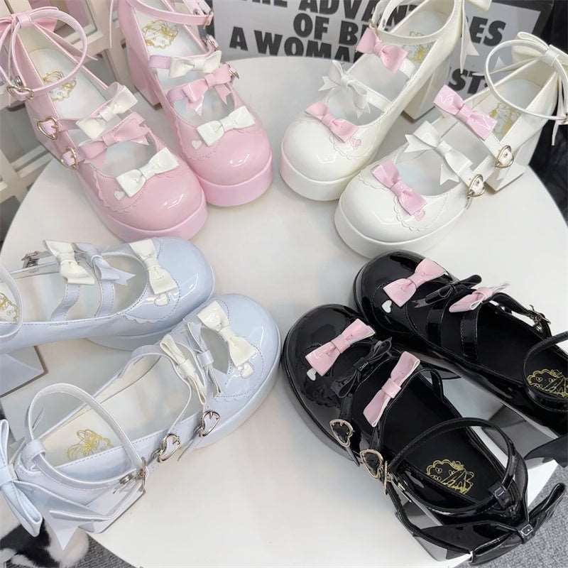 Cookie Sauce Love Butterfly Tripe Straps Black White Pink Blue High Heels Shoes