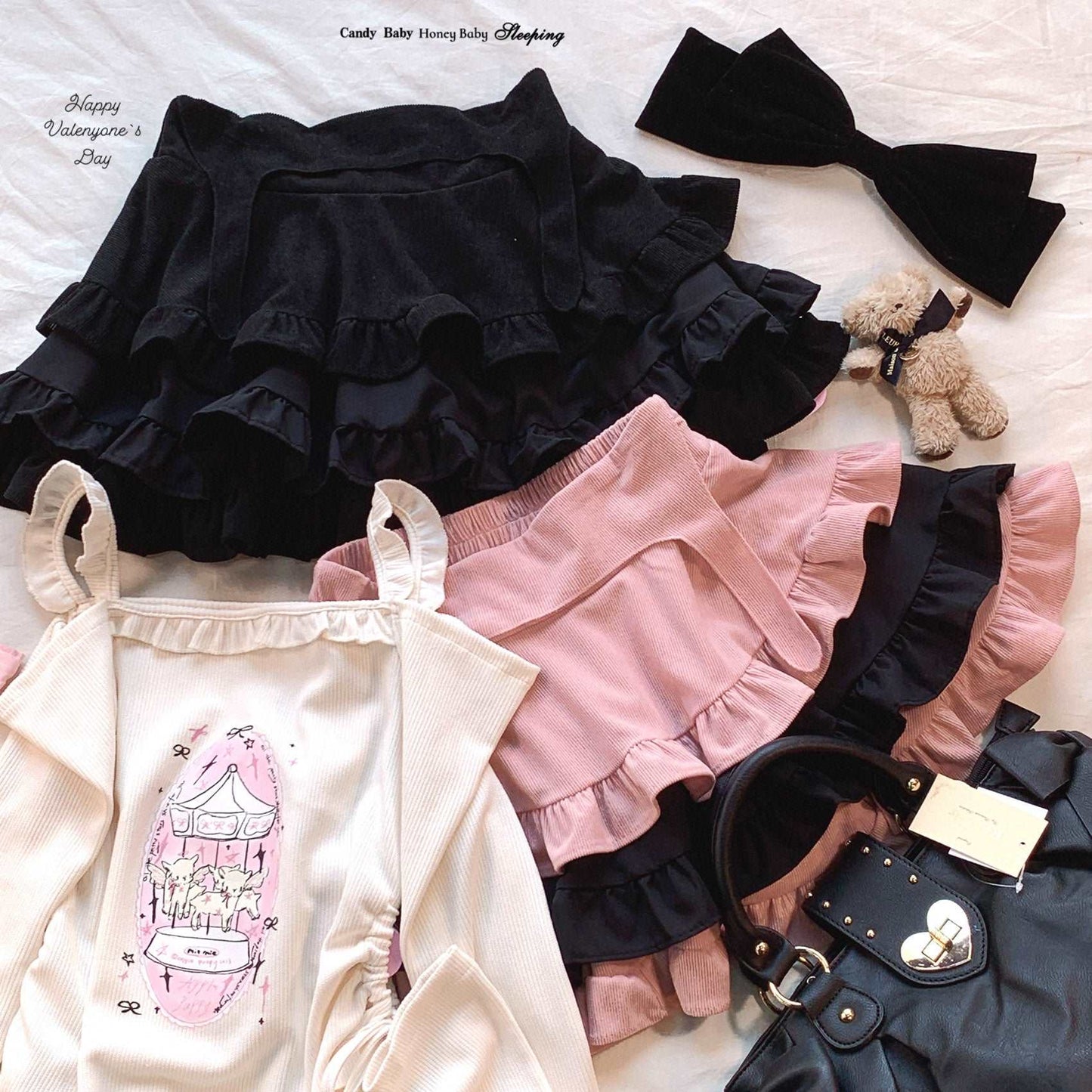 Dormir Doll Lolita Black Pink Cake Corduroy Ruffled Skirt