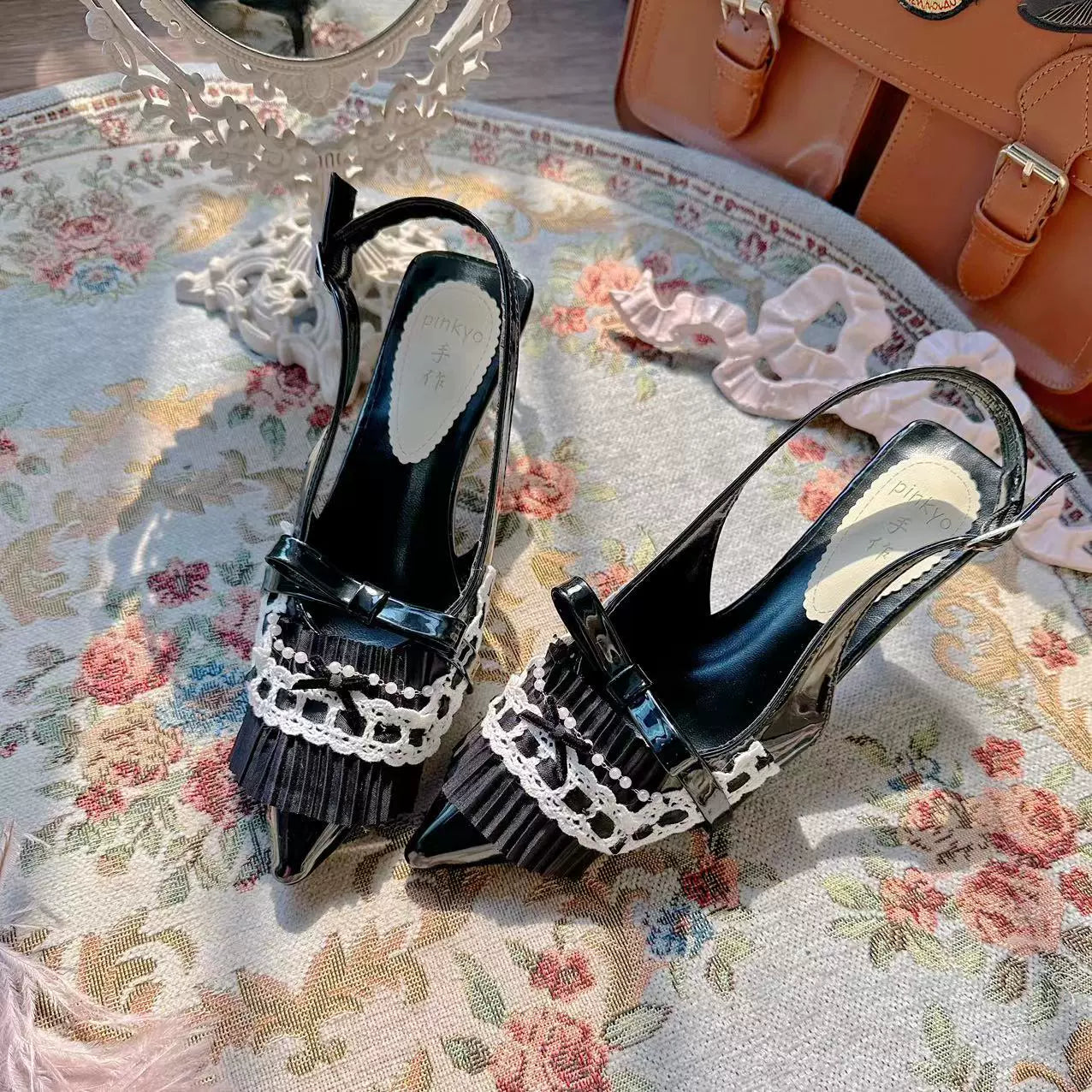 Pinky Lace Pointed Toe Pink Blue Black White Stiletto Shoes