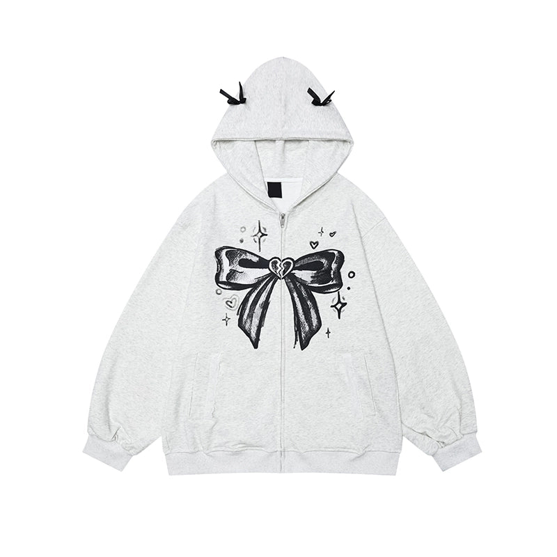 Crazy Girl Bow Street Style Gray Black Jacket Hoodie