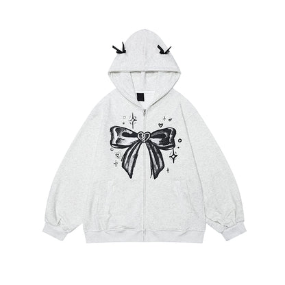 Crazy Girl Bow Street Style Gray Black Jacket Hoodie