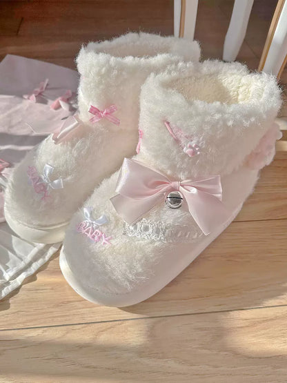 Pinky Cute Winter Plush Pink Bow Baby Lace White Snow Boots Shoes