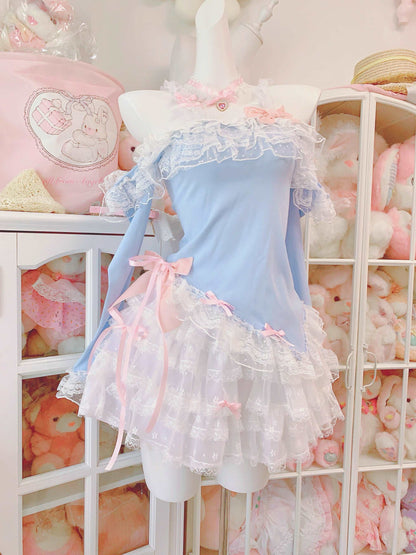 Candy Fairy Blue Bunny Top & White Ruffle Skirt Two Piece Set