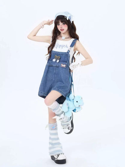 Crazy Girl Island Girl Denim Rabbit Ears Suspender Skirt