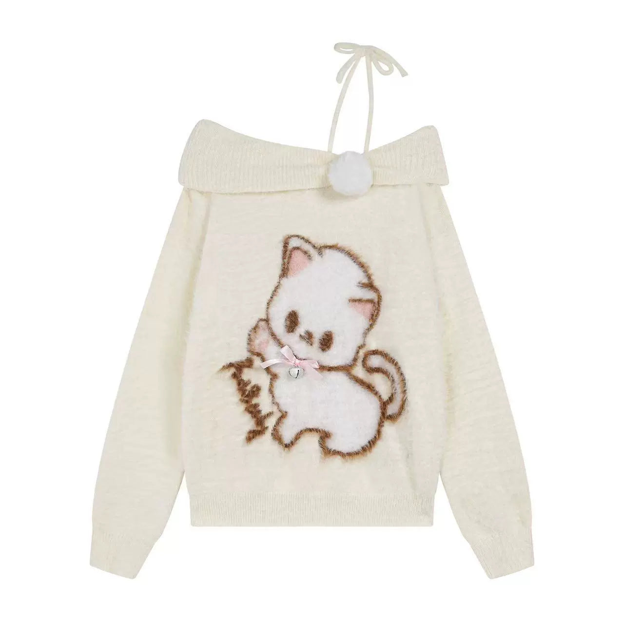 Young Eyes Milky Cat Black Cream Off Shoulder Fuzzy Sweater