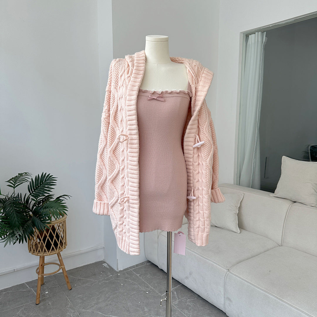 Creamy Sweet Soft Girl Pink Knit Long Cardigan & Strap Dress Two Piece Set