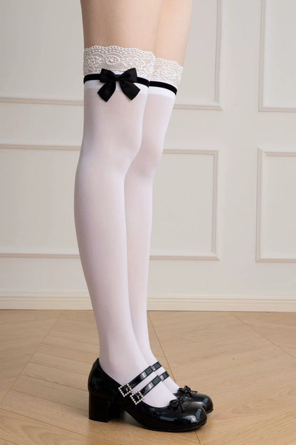 Coquette Lace Black Bow Mid Calf & Over the Knee White Black Socks