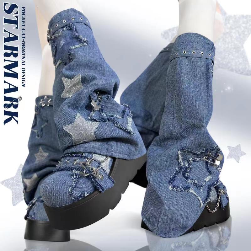 Pocket Cat Star Mark Black White Denim Blue Leg Warmers