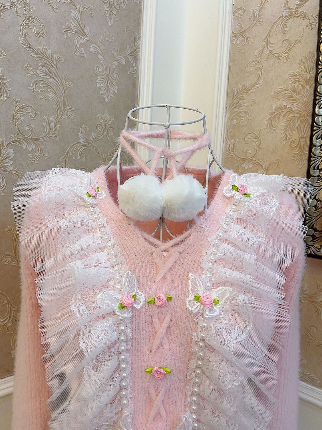 Sweetheart Princess Rose Lace Furball Mohair Plush Pink Knit Sweater