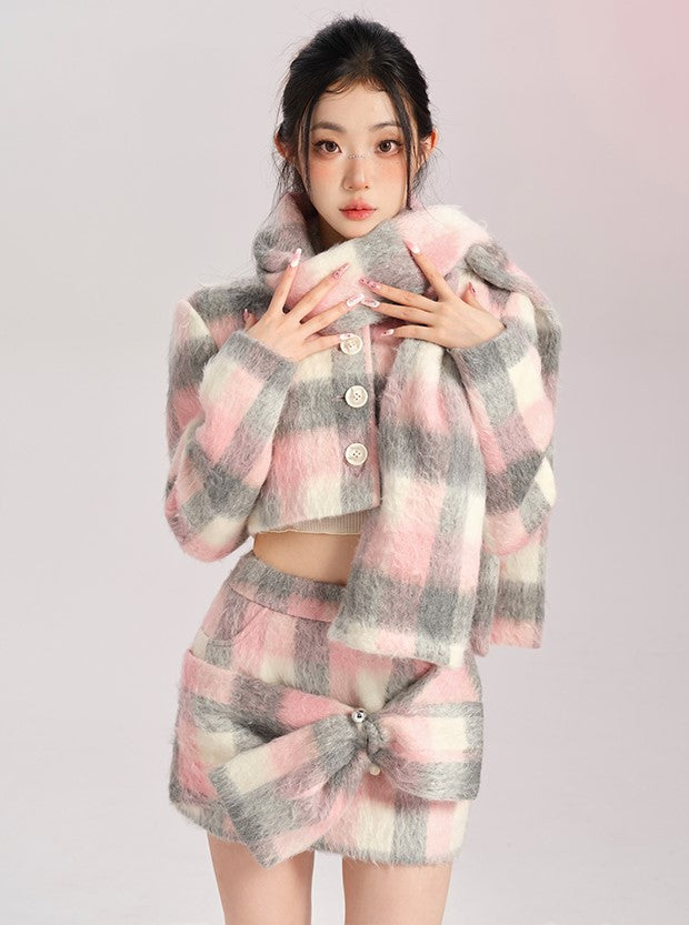 Lucia Winter Gray Pink Plaid Woolen Jacket Top & Scarf & Mini Skirt Three Piece Set