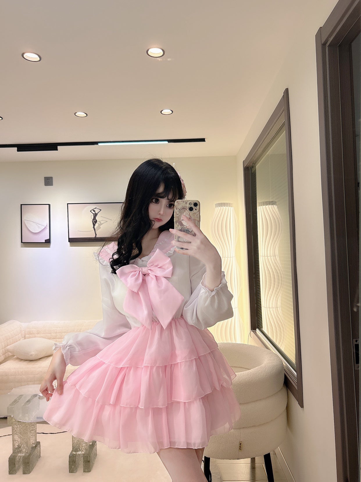 Candy Fairy Cosplay Sailor Collar Bow Sweet Ruffled Pink White Dress