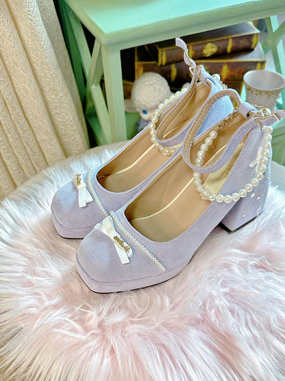 Pinky Classic Elegant Chic Bow Pearl Blue Purple Mary Jane Shoes