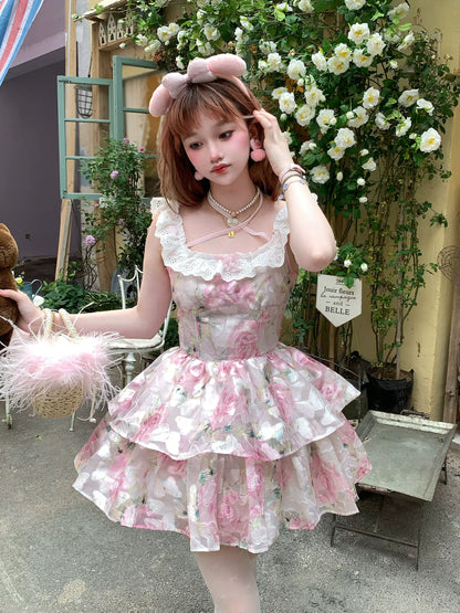 Picnic Girl Pink Floral Flower Note Lace Strap Dress