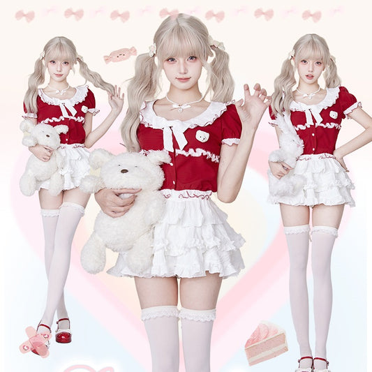 Serendipity Snow Sweet Cherry Red Top & White Skirt Two Piece Set