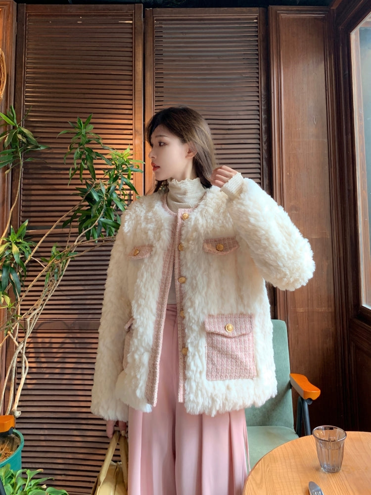 Winter Luxury Elegant Chic Plush White Tweed Pink Jacket