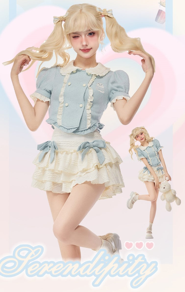 Serendipity Coquette Bear Doll Collar Blue Puff Sleeve Shirt & White Tutu Mini Skirt Two Piece Set