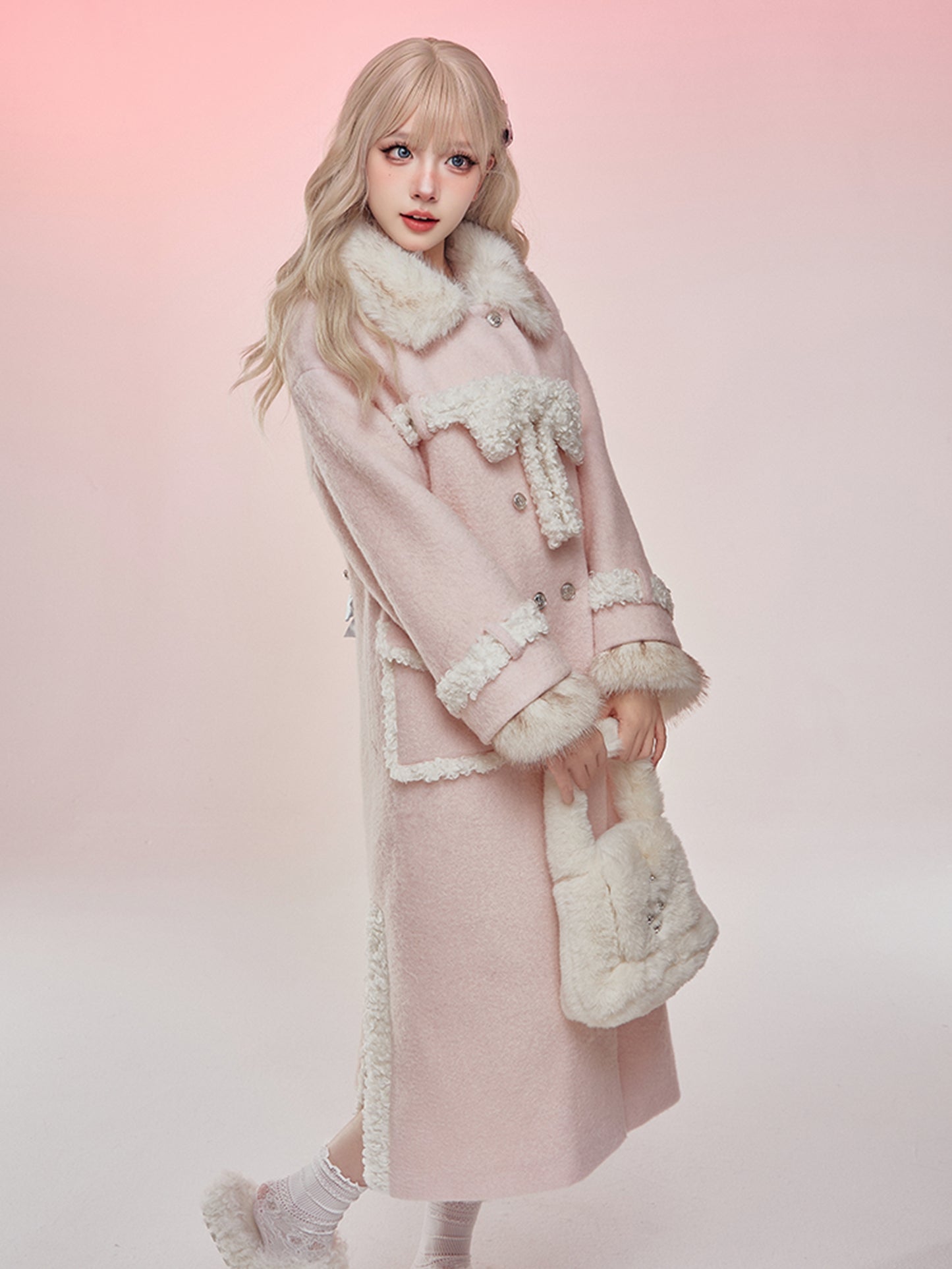 Serendipity Winter Pink Plush Long Woolen Coat & Mini Skirt Two Piece Set