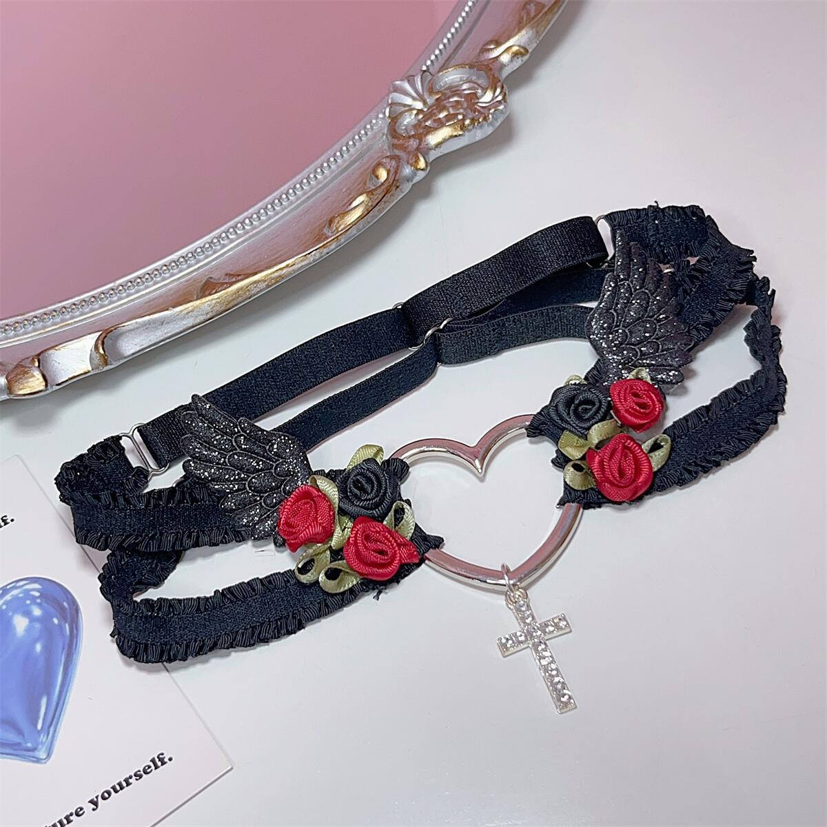 Heart Rose Angel Coquette Pink Blue Black White Thigh Strap Garter