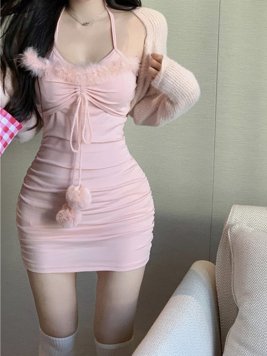 Fall Pink Cream Sexy Bodycon Pom Pom Balls Knit Strap Dress & Cardigan Two Piece Set