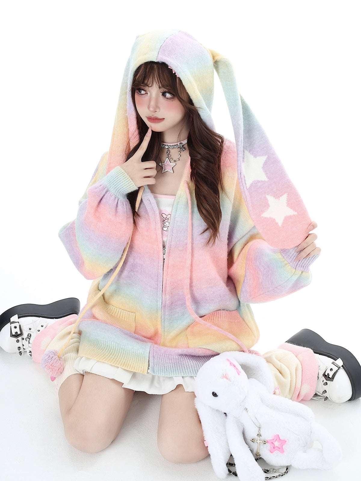 Crazy Girl Bunny Rabbit Ears Knit Rainbow Colorful Pink Black Zipper Sweatshirts Hoodie