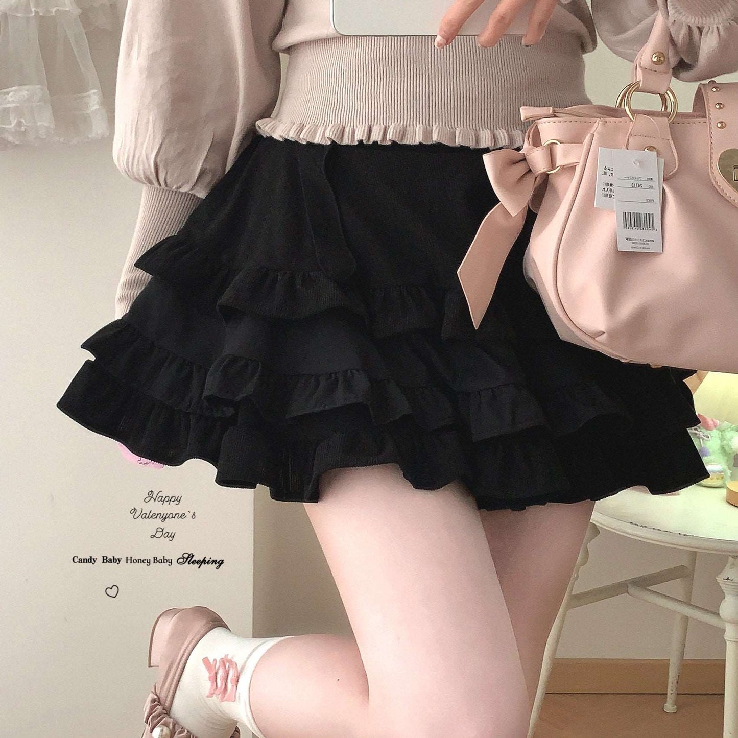 Dormir Doll Lolita Black Pink Cake Corduroy Ruffled Skirt