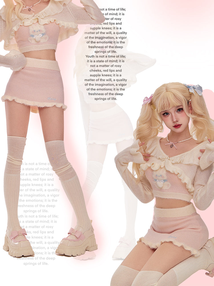 Serendipity Coquette White Ruffled Cardigan & Knit Pink Rabbit Camisole & Mini Skirt Three Piece Set