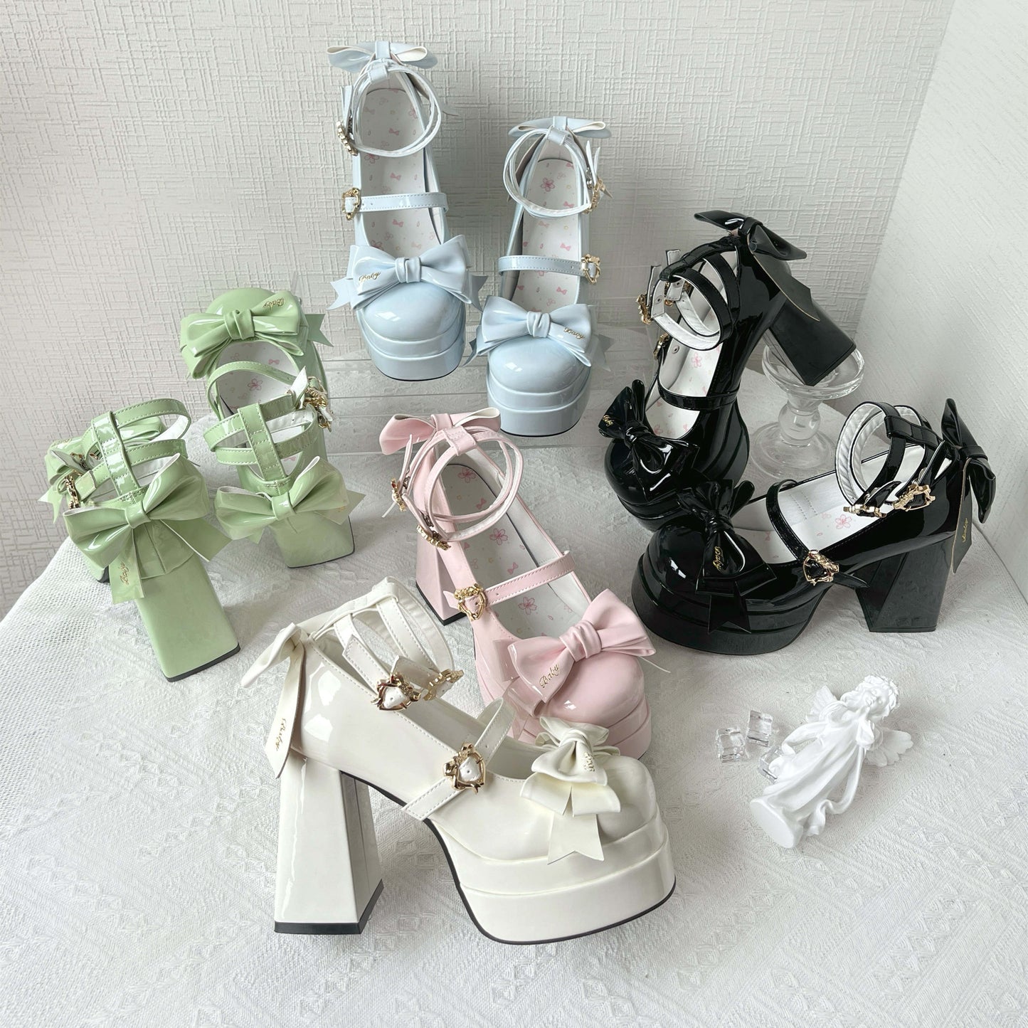 Love Letter Thrill of Love Lolita Black White Pink Blue Green Bow High Heels Shoes