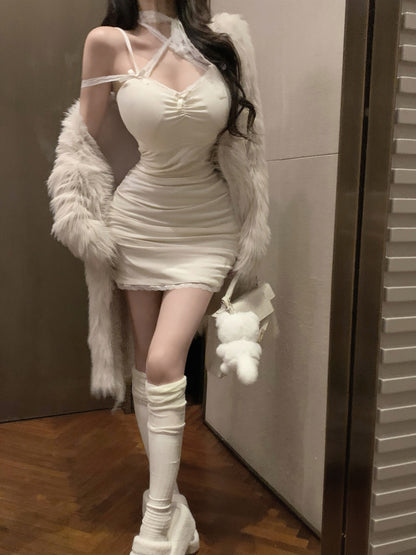 Sexy Bodycon White Strap Dress & Winter Fur Jacket Two Piece Set