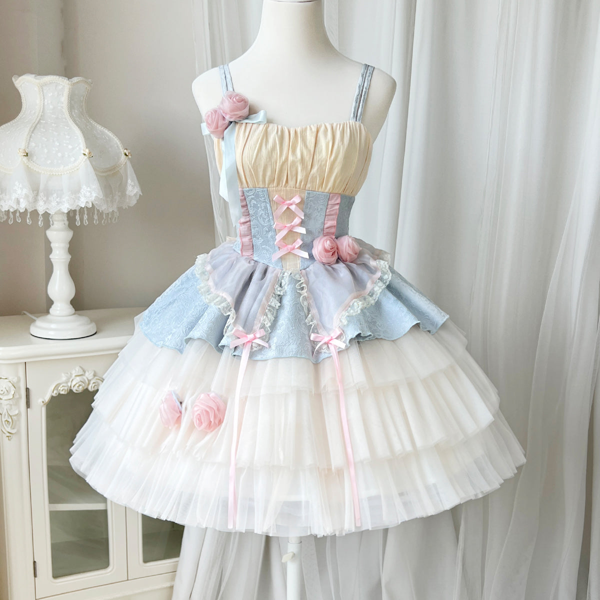 Lolita Rose Peach Blue Ruffled Princess Strap Dress