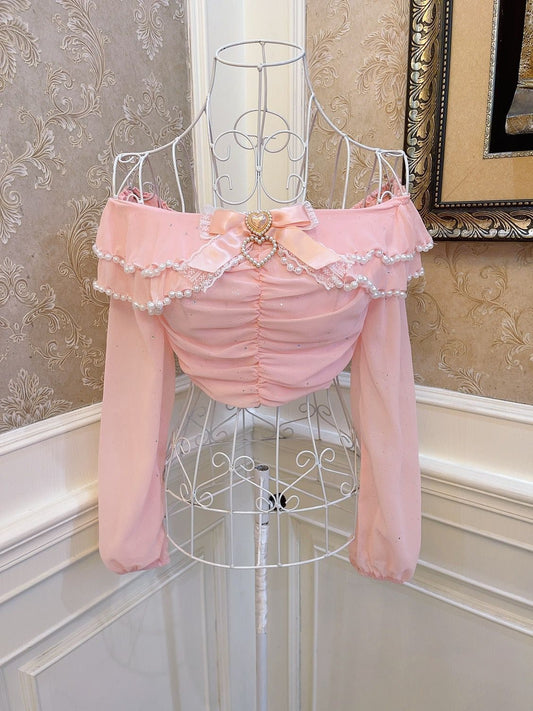 Sweetheart Princess Pink Ruffled Bow Off Shoulder Long Sleeve Shirt