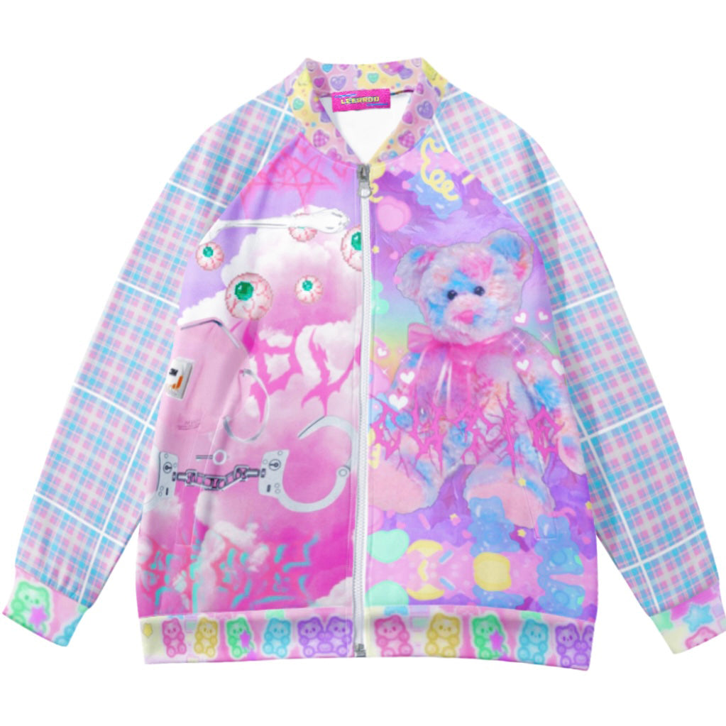 Y2K Bear Rainbow Retro Style Cute Baseball Zipper Jacket