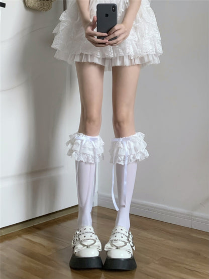 EGL Bow Lace Over Under The Knee Black White Cream Socks