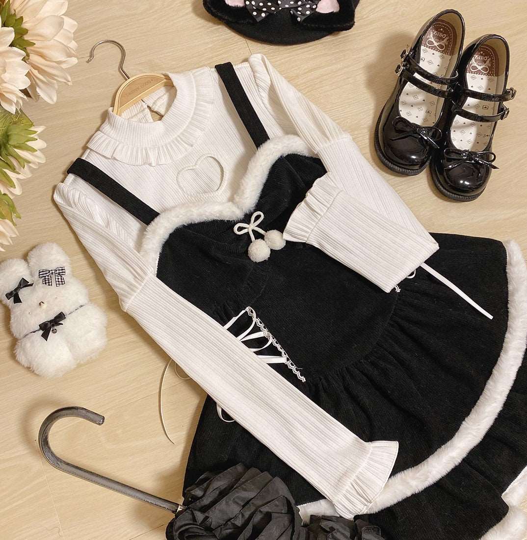 Christmas Love Lolita Winter Plush Strap Ruffled Black Dress & Skirt & Shirt Three Piece Set