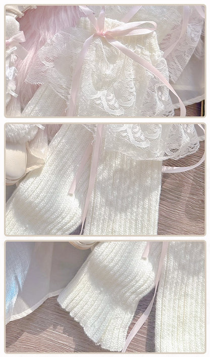 Pinky Rabbit Ears Plush Pearl Knit Coquette Winter Heels Boots Shoes & Lace Balletcore Leg Warmers