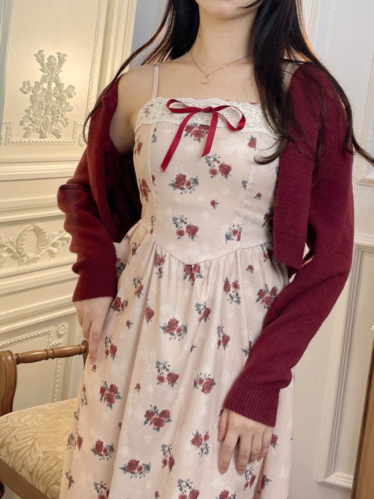 Ruellia Rose Floral White Strap Dress Pink Red Cardigan Two Piece Set