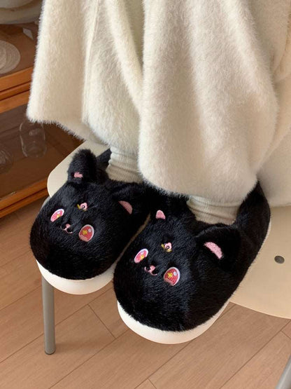 Anime Magical Girl Cute Black White Cat Luna Moon Winter Thick Plush Slippers Shoes