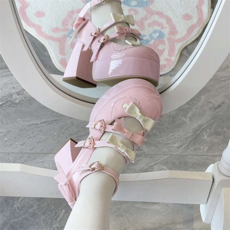 Cookie Sauce Love Butterfly Tripe Straps Black White Pink Blue High Heels Shoes