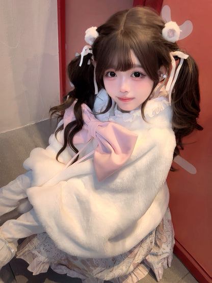 Lolita Meow Meow Car Ears White Plush Jacket Cape