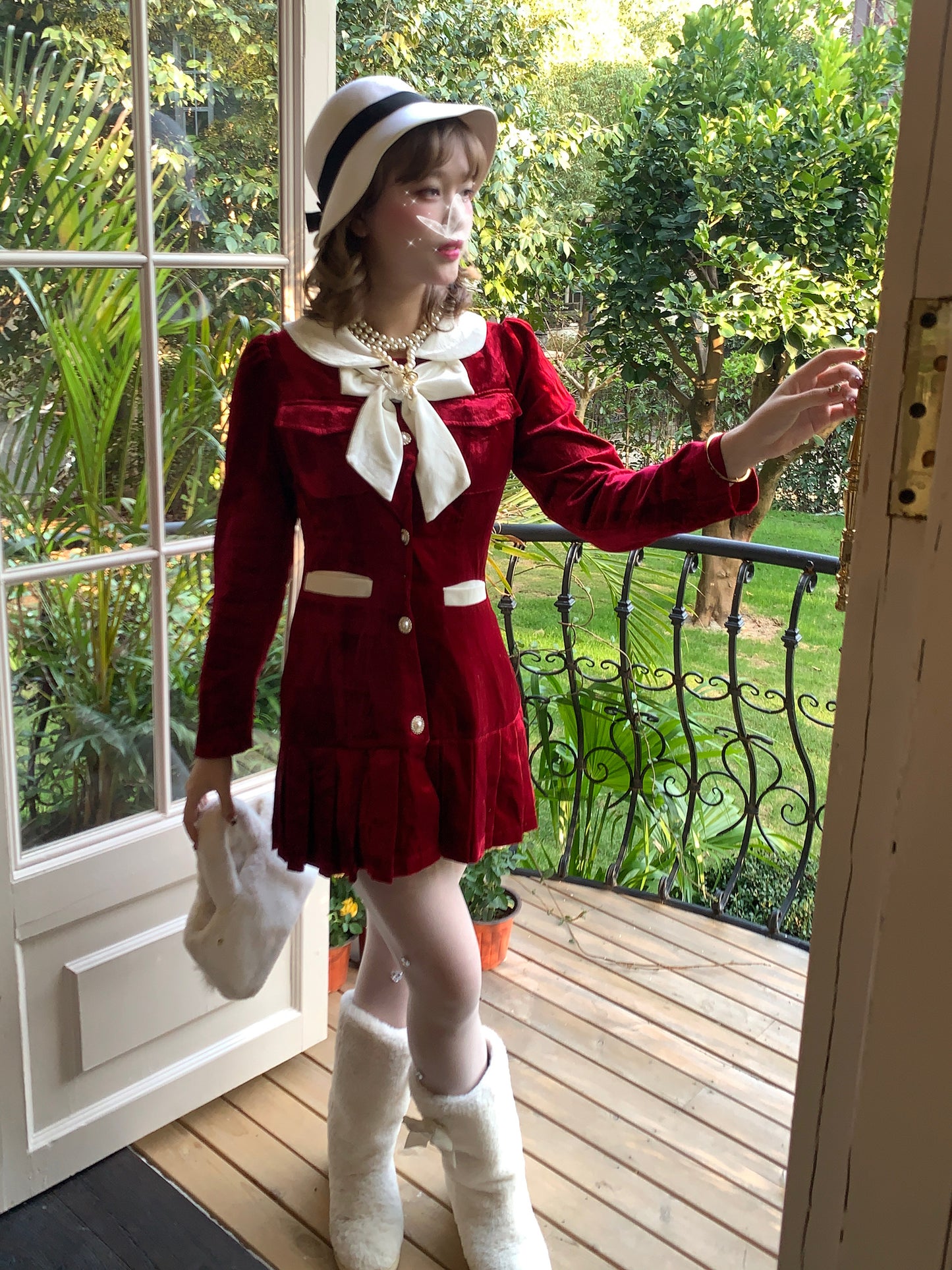 Picnic Girl Winter Holiday Christmas Red Velvet Dress