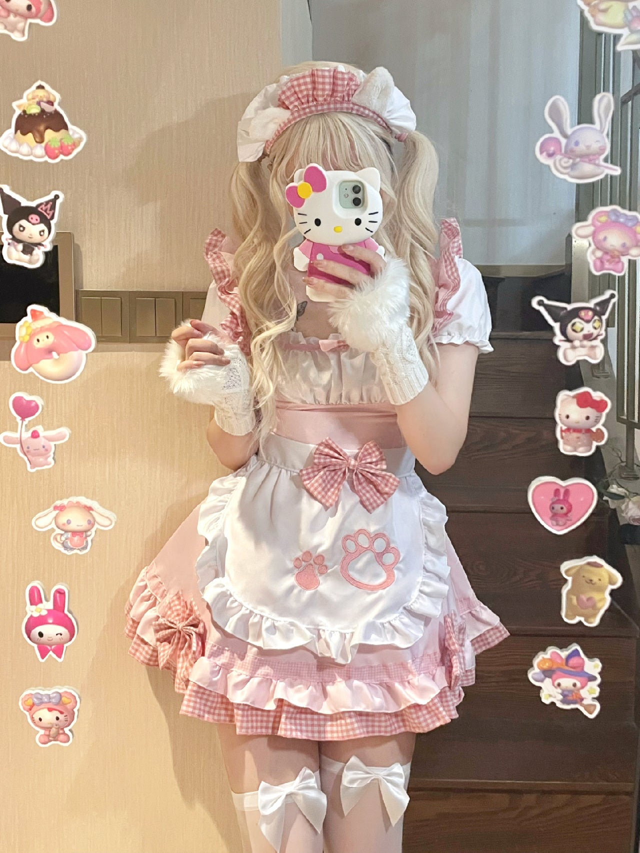 Serendipity Cat Paw Black Pink Bow Cosplay Maid Dress
