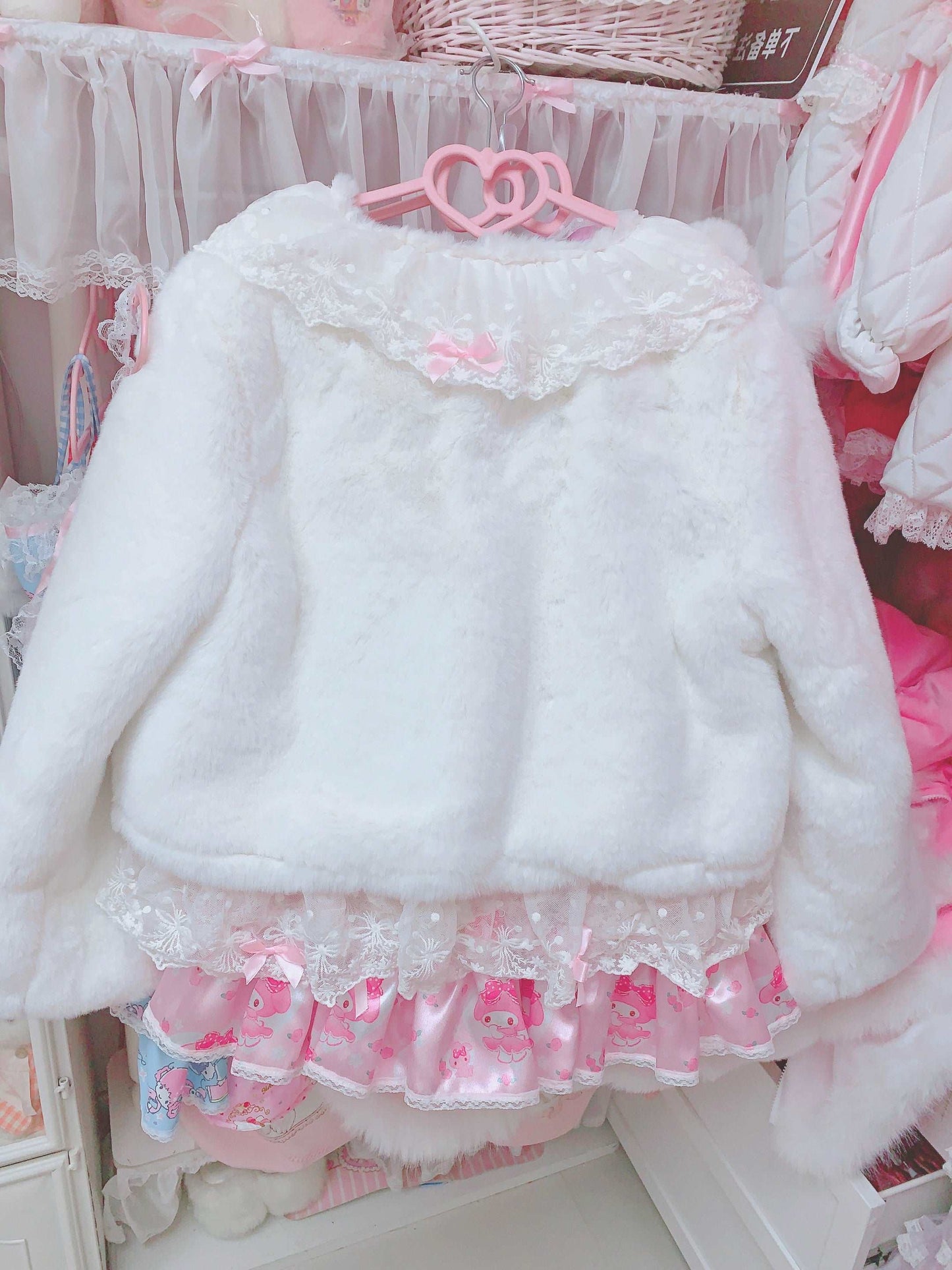 Candy Fairy Lace Kitty Cat Coquette Winter White Plush Fur Jacket