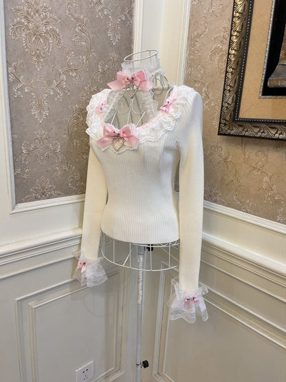 Sweetheart Princess Fantasy Flower White Halter Neck Knit Sweater Top & Pink Skirt Two Piece Set