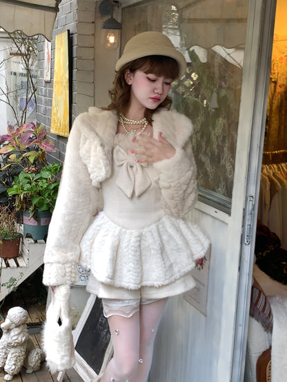 Picnic Girl Winter White Bow Strap Dress & Little Fur Jacket Two Piece Set