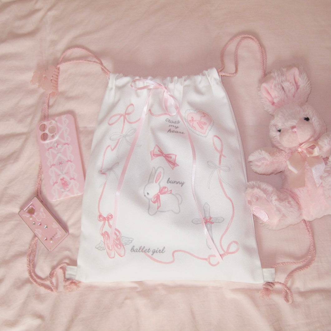 Coquette Girl Sweet Rabbit White & Pink Bow Handmade Drawstring Cinch Bag Backpack